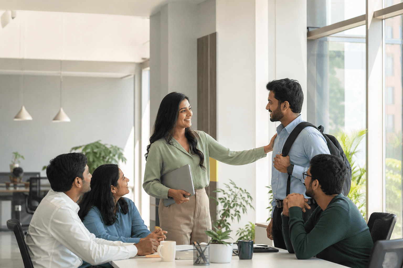 A colleague being welcomed by a people operations team